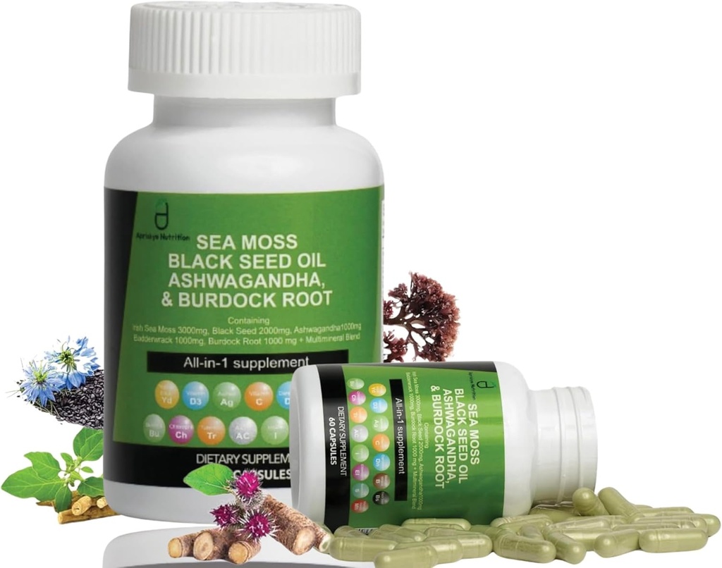 Sea Moss Capsules - 60 Capsules Seamoss Black Seed Oil Ashwagandha Burdock Root Supplement, Irish Sea Moss Supplément avec vitamine C D3 Manuka & Dandelion, Multi Minerals Supplement