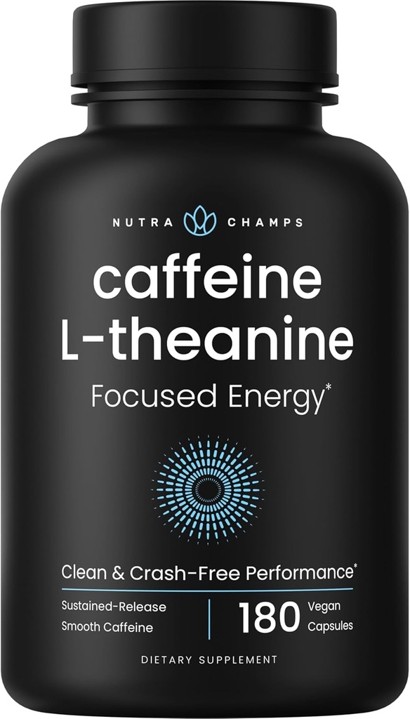 Pills de caféine avec L-Theanine pour l'énergie ciblée, supplément d'énergie lisse et propre pour le focus & performance, pas de crash, pas de jitters, 60 pilules d'énergie végétalienne