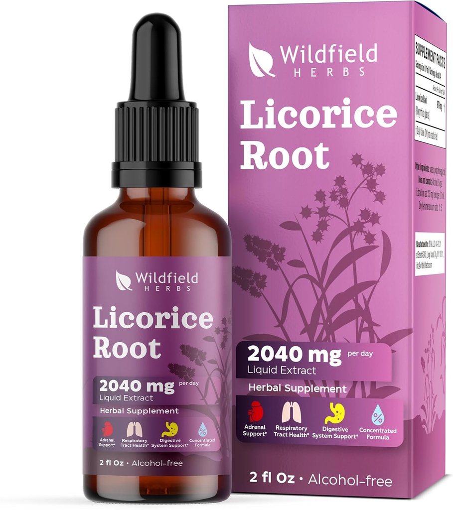 Extrait de racine de réglisse gouttes 2000mg (Glycyrrhiza glabra L.) Supplément à base de plantes Absorbe mieux que les capsules, 1 mois d'approvisionnement, 84 portions, teinture sans alcool - 2 Oz, boîte de 1