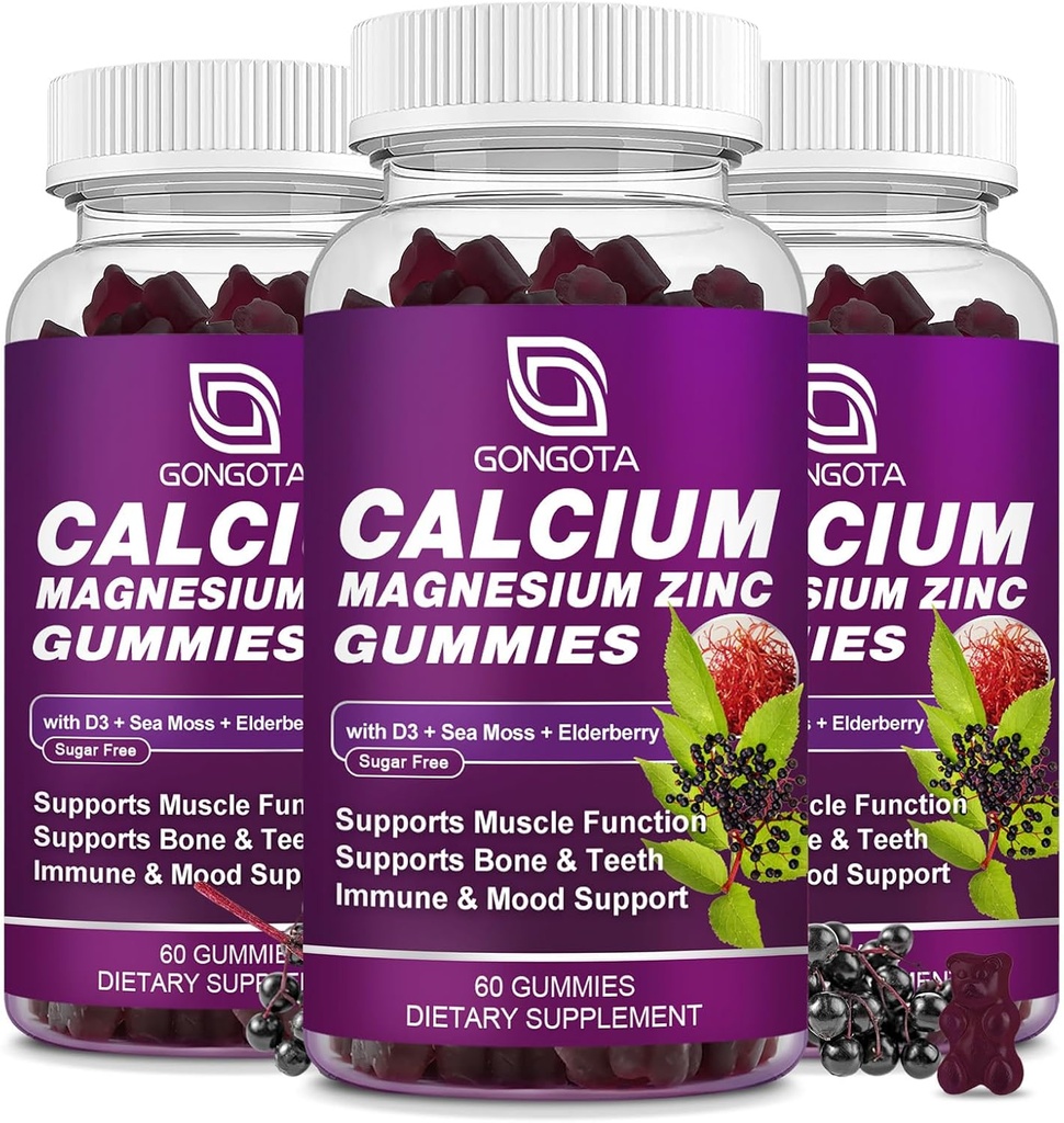 GONGOTA Zinc de magnésium avec supplément de vitamine D3, Gommies de calcium très absorbantes avec 300 mg de glycinate de magnésium Soutien os et dents, Muscle pour adultes et adolescents, Sans sucre, Vegan (3 Pack)