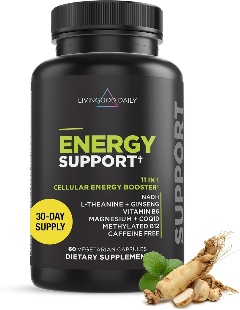 Livingood Daily Energy Support, 11-en-1 Supplément avec Magnésium, Vitamine B6, B12, Amino Acides, L Carnitine, CoQ10, Ginseng & L Theanine, soutient l'énergie naturelle pour les hommes et les femmes, Vegan, 60 Capsules