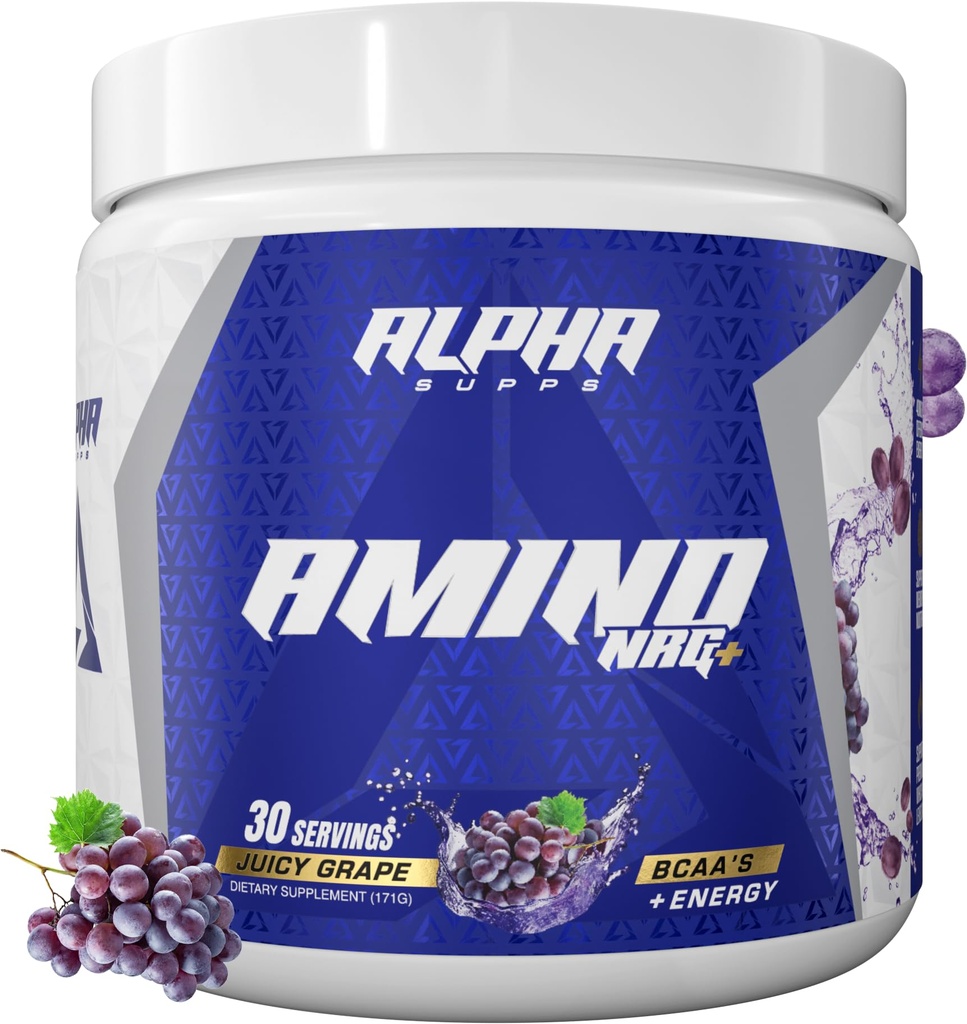 Alpha Supps Amino NRG+ BCAA Amino Energy Recovery Poudre - Mélange d'hydratation avec électrolytes - Focus Blend pour un support optimal des performances chez les hommes et les femmes (30 portions, raisin juteux)