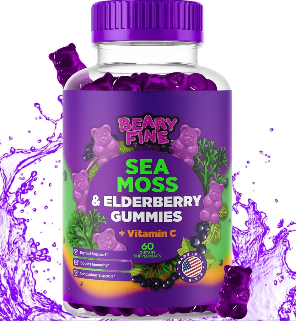Gommies de mousse de mer et mûre - Vitamine C + zinc – supplément de force Immune et thyroïde soutien booster ours gommy pour les enfants et les adultes - 60 Gommies Seamoss - Fabriqué aux États-Unis