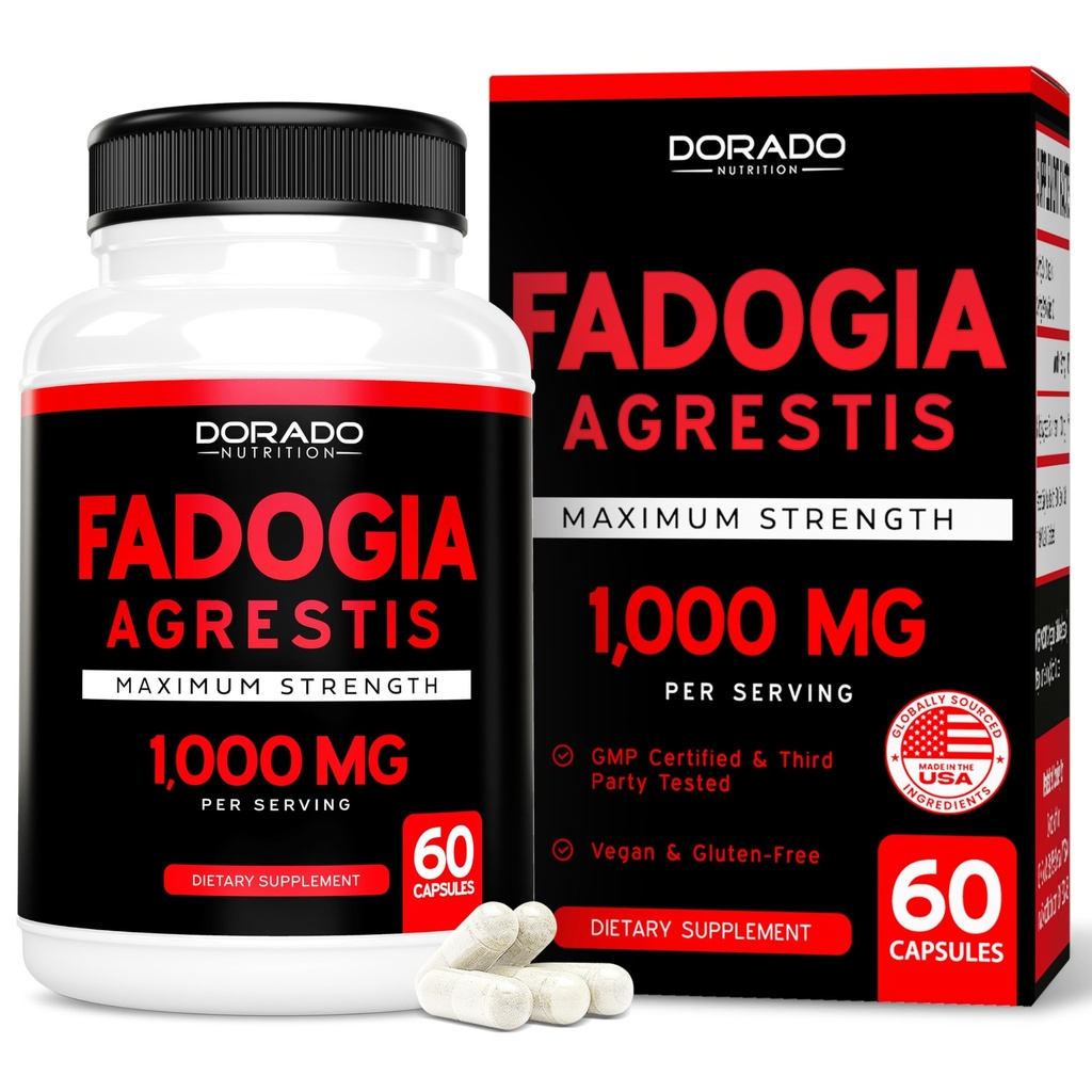 Fadogia Agresti Extrait 1000mg par portion - [Force maximale] - Force, entraînement, performance athlétique, masse musculaire - Testé par une tierce partie - Zéro remplissage - Sans gluten, sans OGM, gélules végétaliennes