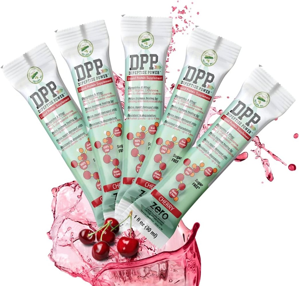 Nutritional Designs DPP Dipeptide Power Liquid Collagen & Whey Protein Supplement, Sugar-Free, Promotes Healthy Skin & Hair for Men & Women, Cherry, Single Serve Packet, 1 oz (25 Packets)