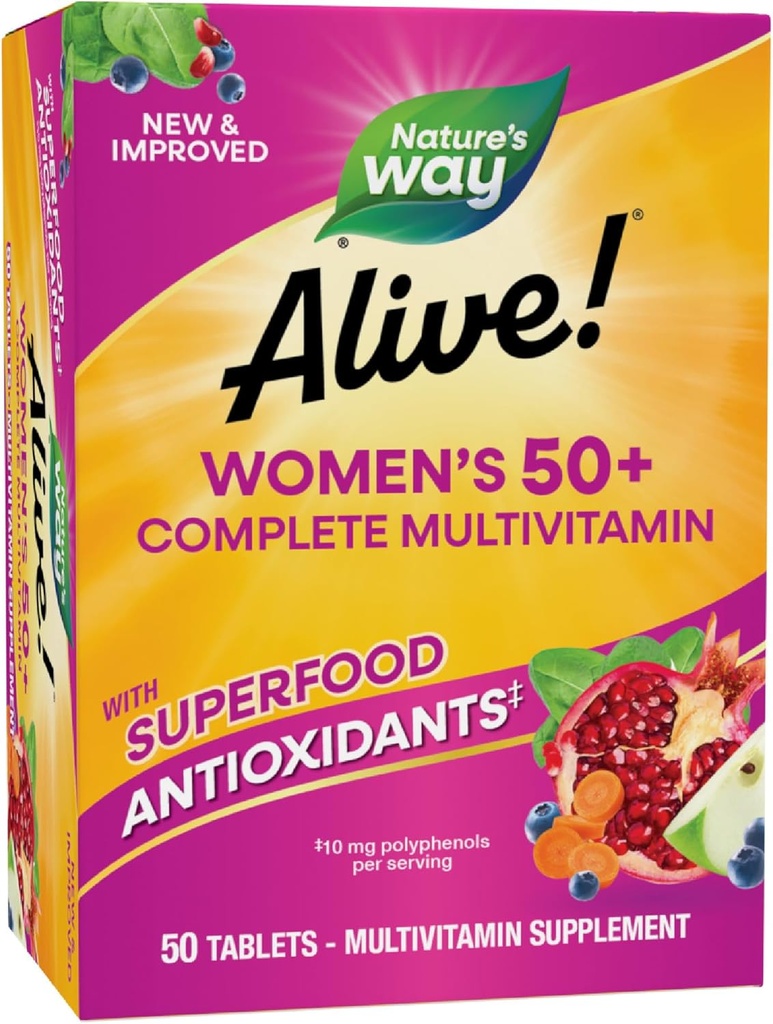 Nature's Way Alive! Women's 50+ Complete Multivitamins, Supports Healthy Heart, Brain, Bones*, Superfood Antioxidants(1), B-Vitamins, Gluten Free, 50 Tablets (Packaging May Vary)
