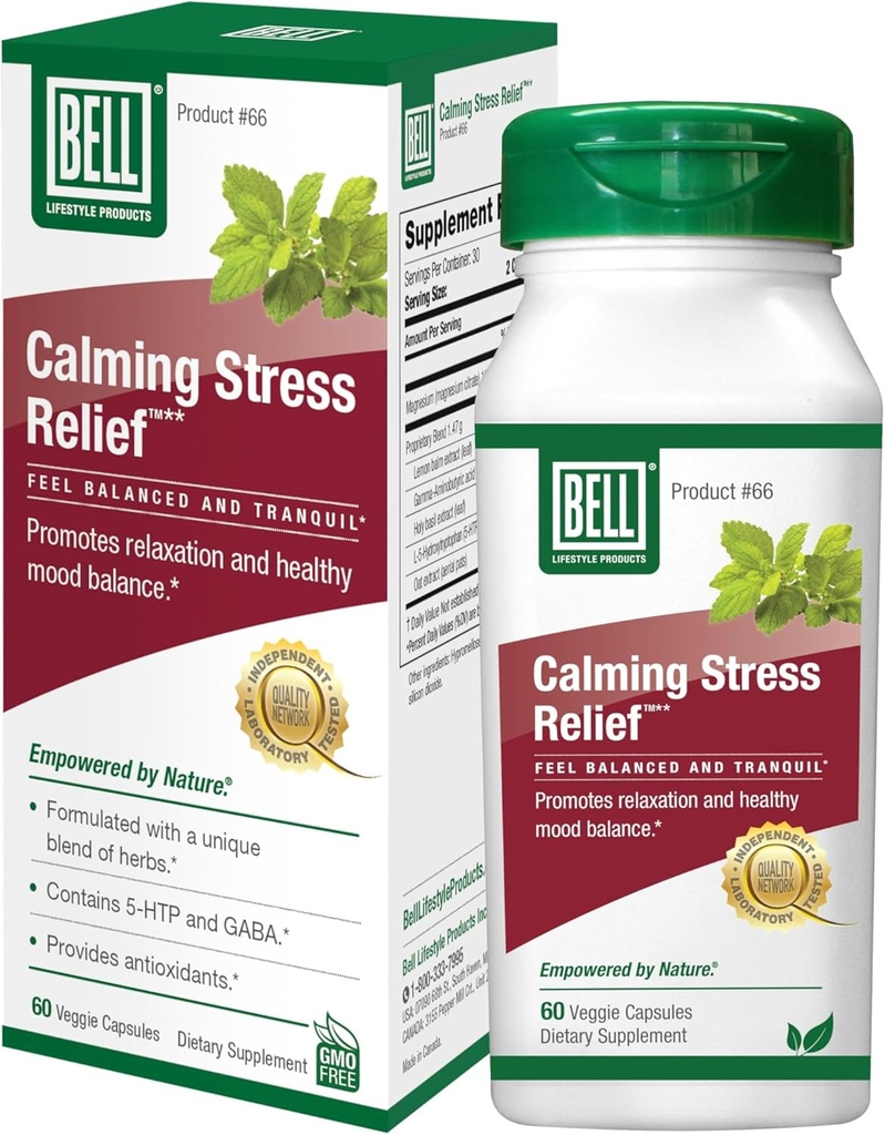 Bell Lifestyle Calmant anti-stress Mélange à base de plantes avec 5-HTP et GABA pour le soutien du stress et la relaxation, 60 Capsules Veggie