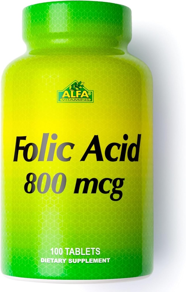 ALFA VITAMINS Acide folique 800 mcg Supplément prénatal, soutient la santé cardiovasculaire, les fonctions du corps et du cerveau, la formation de globules rouges et le développement foetal sain, supplément alimentaire, 100 comprimés
