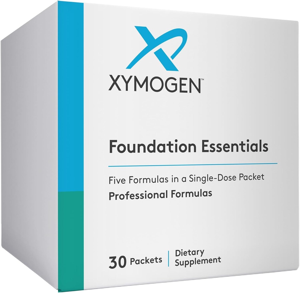 XYMOGEN Foundation Essentials - Packs de 5 produits avec ProbioMax Probiotique, ActivNutrients Multivitamine Sans Fer, Omega MonoPure 650 Huile de poisson, OptiMag Magnésium + Vitamine D3 2000 (30 Packets)