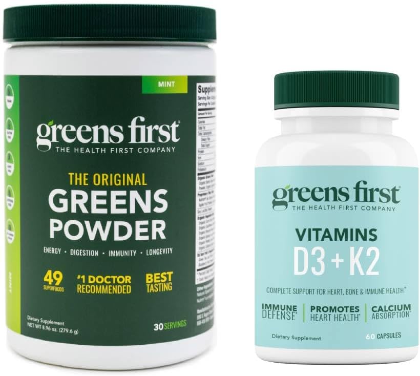 Greens First - Mint - 30 portions - Greens Powder Superfood, 49 Superfoods, 15+ Fruits et légumes biologiques, sans produits laitiers, végétaliens et non OGM - 9,86 oz et D3+K2 Vitamines, 60 capsules végétales