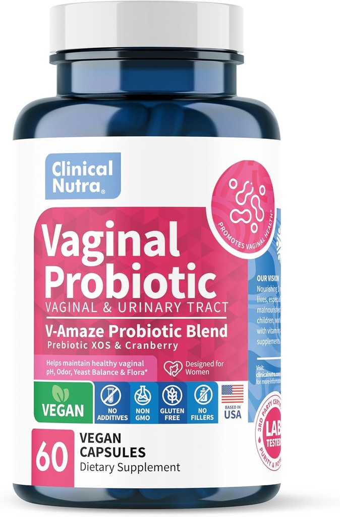 Probiotiques cliniques Nutra vaginaux pour les femmes pH équilibre, contrôle de l'odeur vaginale avec prébiotiques et mélange de lactobacillus - Supplément santé des femmes soutien de la flore vaginale saine 60 capsules