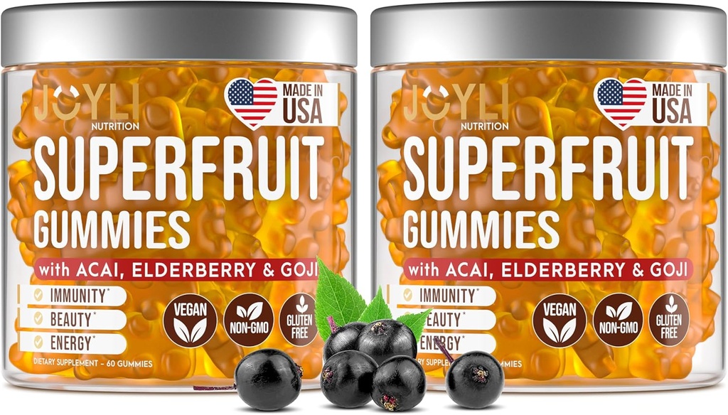2 Pack - Gommies de fruits multivitamines Vitamines A, C, D & E pour les adultes et les enfants - Gommy de superfruit pour les femmes et les hommes avec Goji, Elderberry - soutient l'immunité, la digestion et l'énergie - 60 Gommies de légumes à croquer