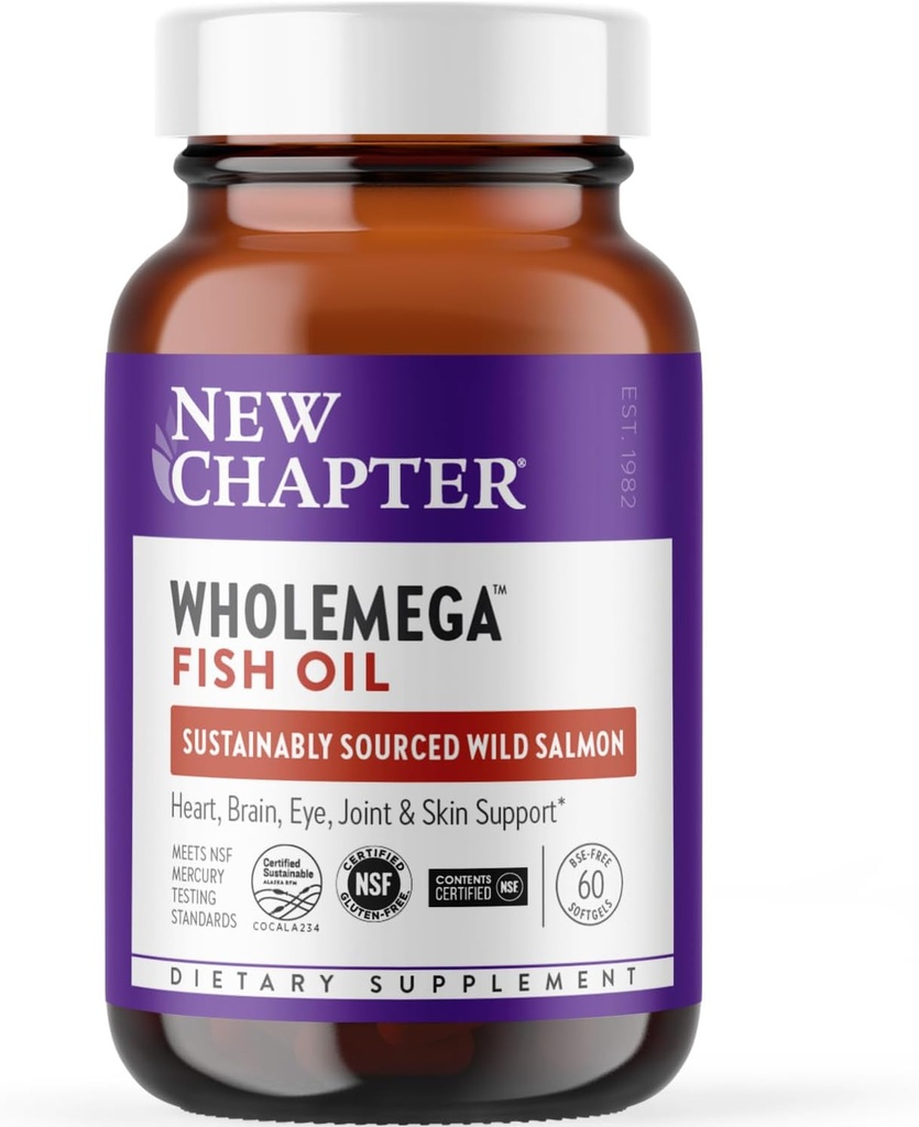 Nouveau chapitre Supplément d'huile de poisson Wholemega - 2000mg par portion, Huile de saumon sauvage d'Alaska éprouvée cliniquement avec Oméga-3 + Vitamine D3 + Astaxanthine, 60 Softgels