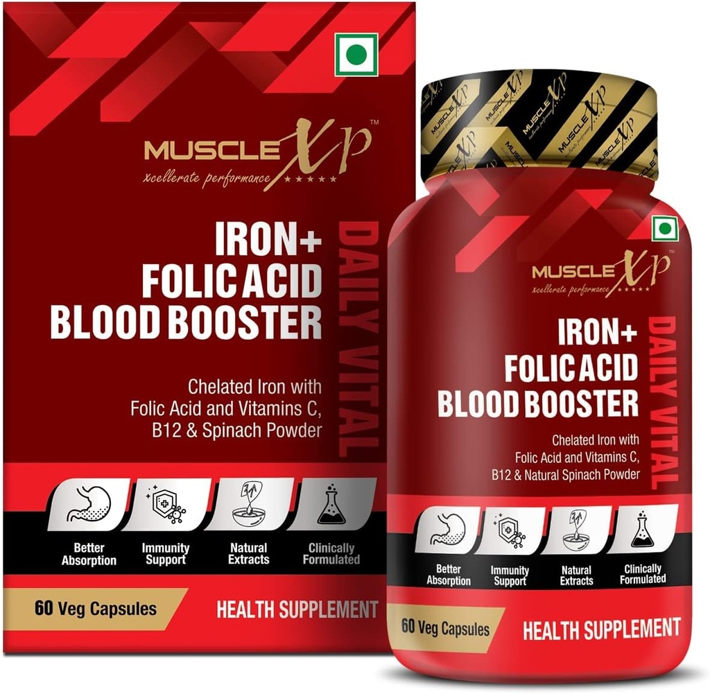 Fer + acide folique Himoglobin Booster quotidien vital, fer chélaté avec acide folique et vitamine C, B12 et poudre d'épinards naturels, 60 capsules de légumes