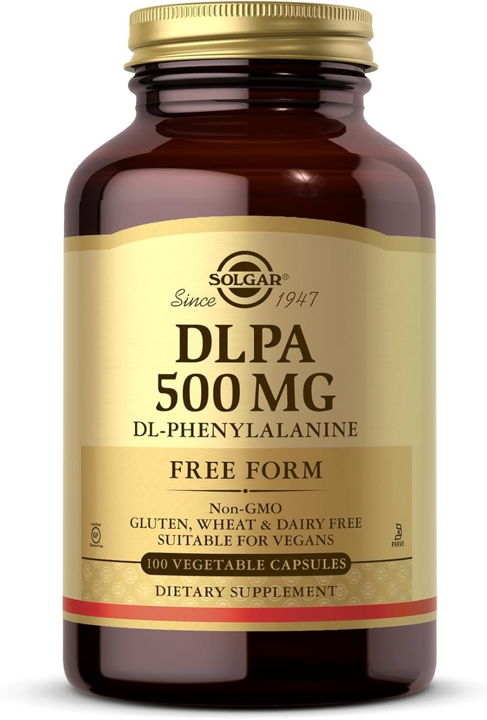 Solgar DLPA 500 mg - 100 Vegetable Capsules - Free Form DL-Phenylalanine - Non-GMO, Vegan, Gluten Free, Dairy Free, Kosher - 100 Servings