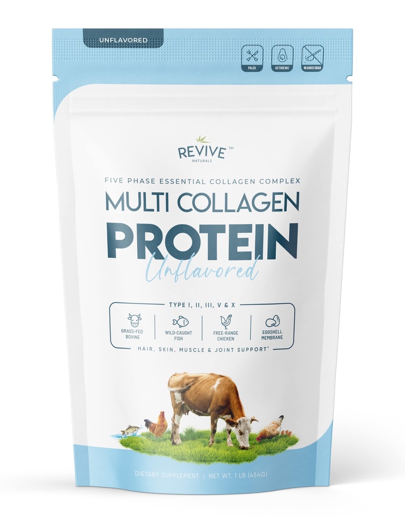 Poudre de protéines hydrolysées à plusieurs collagènes (16oz) - Types I, II, III, V et X - Bovine herbeuse (Peptan®), Oiseau sauvage, Poulet d'itinérance libre et Peptides de collagène, non-OGM, GF.