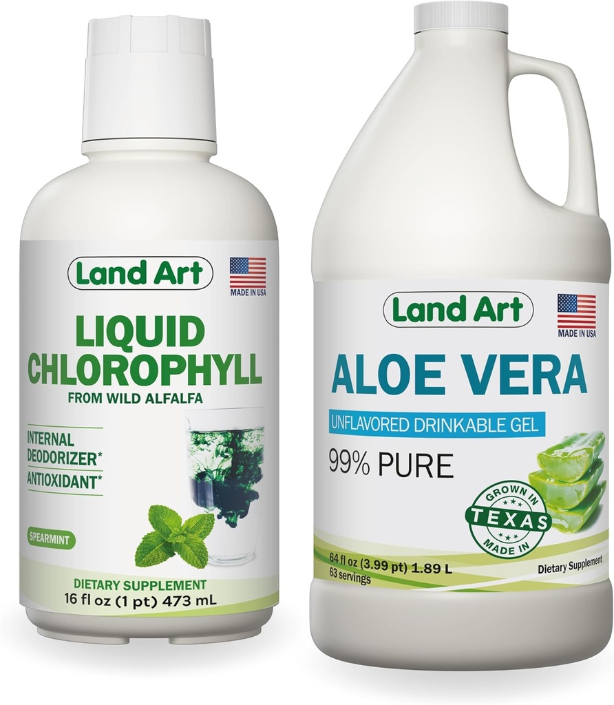 Land Art Pure Aloe Vera Gel buvable Non aromatisé 64 fl oz + Menthe de chlorophylle liquide Aromatisée 16 fl oz