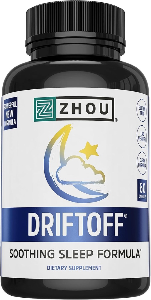 Zhou Driftoff - Nature Inspired Sleep Aid, Valerian Root & Melatonin pour le sommeil pour les hommes et les femmes, Supplément de sommeil calme pour les adultes avec Gaba & Camomile pour se détendre - 60 Capsules de Veggie