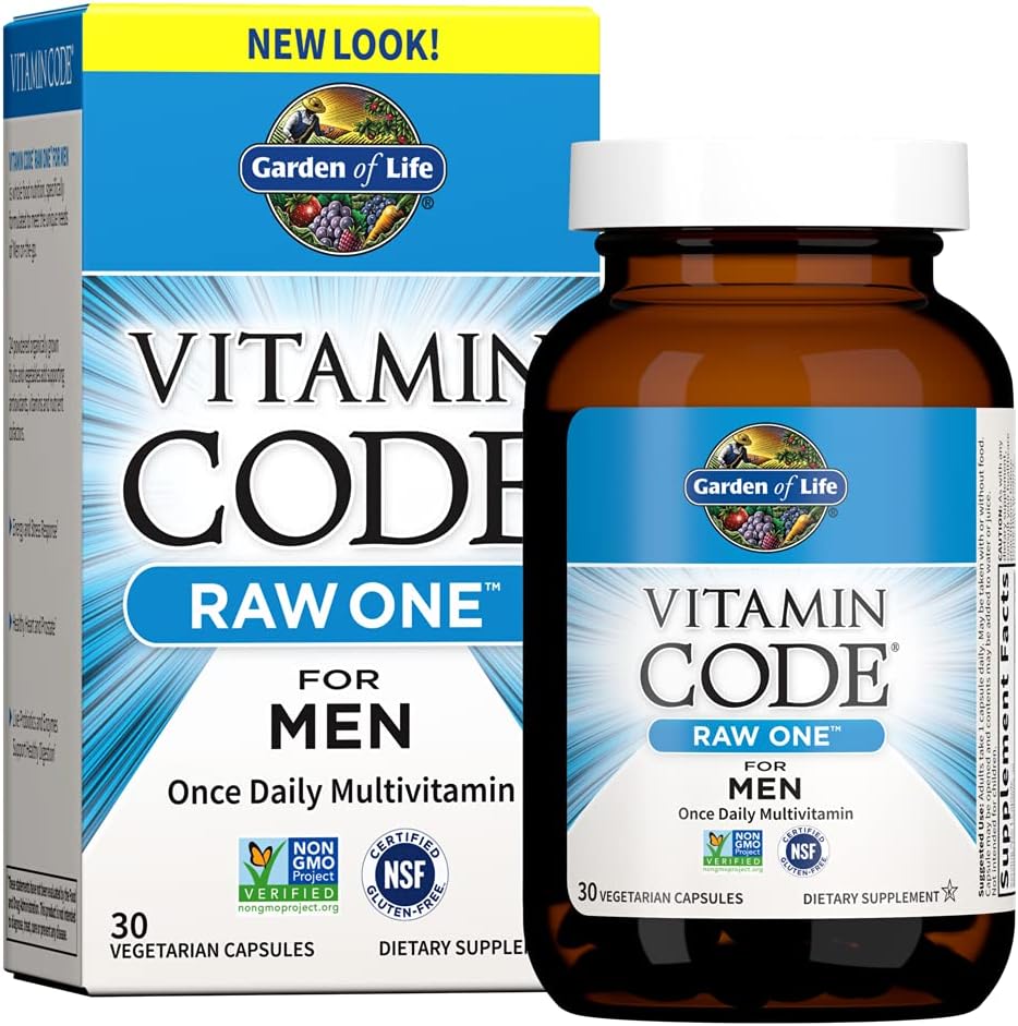 Garden of Life Code Vitamine Raw One pour les hommes, une fois par jour multivitamine, 30 capsules, une par jour hommes vitamines plus fruits, légumes et probiotiques pour les hommes santé, multivitamines végétariennes