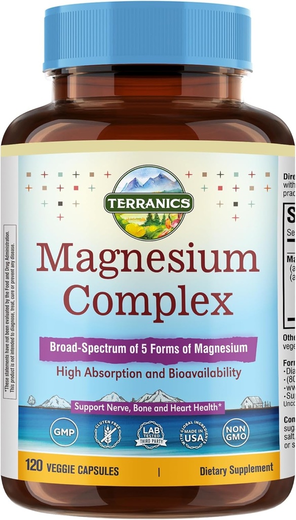 Terranics 5-en-1 supplément complexe de magnésium 500mg - 5 formes Haute absorption Magnésium glycinate Citrate de malate Gluconate pour la santé cardiaque du sommeil - Non-OGM 120 Capsules végétaliennes