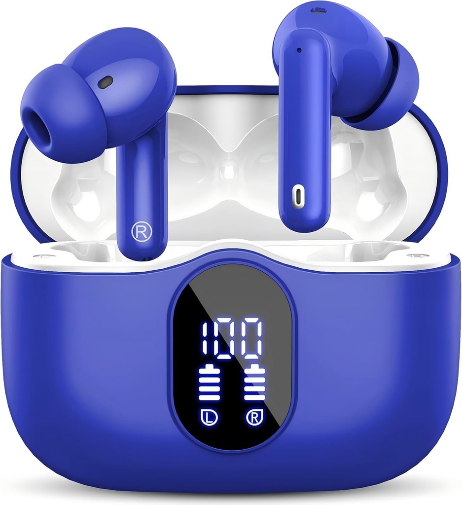 Ecouteurs sans fil Bluetooth 5.3 Casques Basse Stéréo Ear Buds avec le bruit Annuler l'affichage Mic LED dans les écouteurs IP7 Imperméable 36H Temps de jeu pour ordinateurs portables Téléphones Sports entraînement bleu