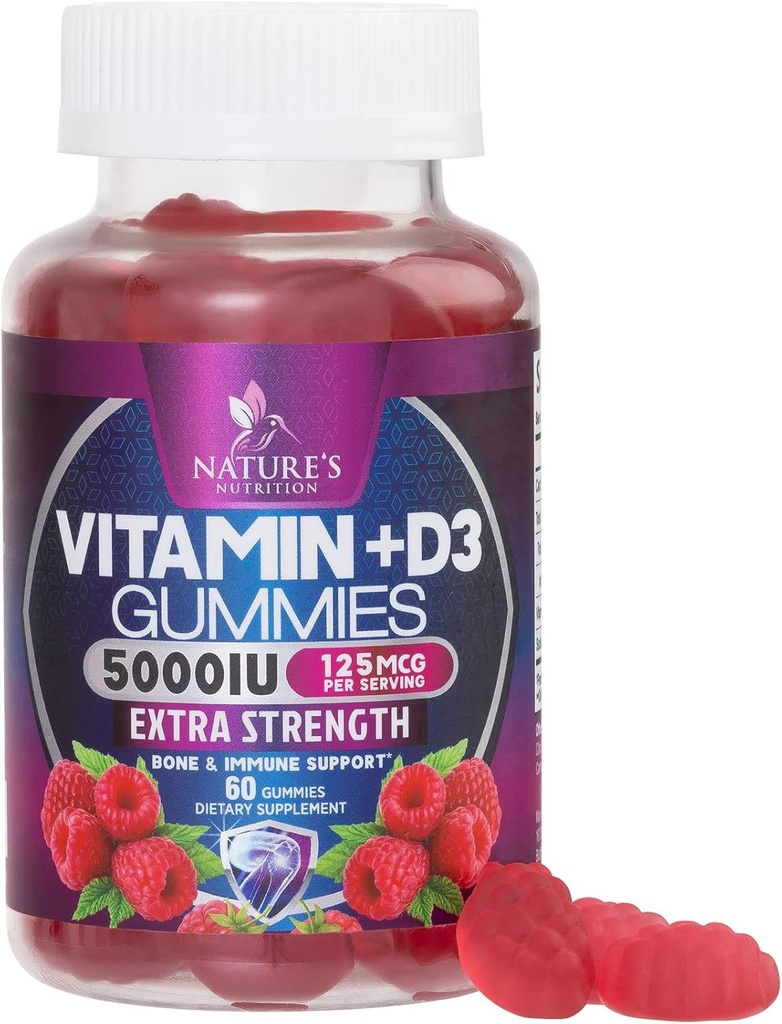 Vitamine D3 Supplément Gummy 5000 UI (125 mcg) Vitamines diététiques D pour les hommes et les femmes - Soutien de la santé des os, des dents, des muscles et des immunes, haute puissance VIT D3 Nature - sans OGM et sans gluten - 60 gommes