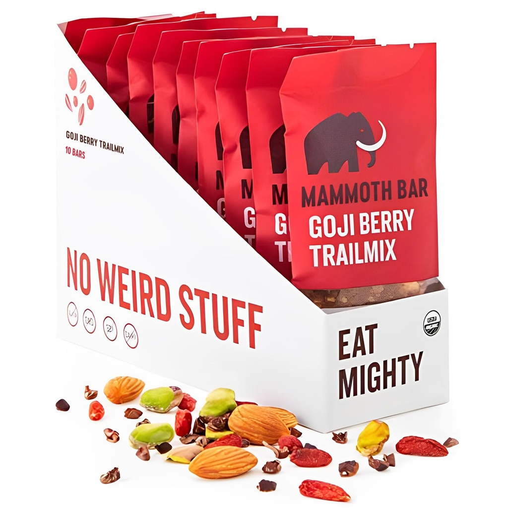 Mammoth Bar Goji Berry Trail Mix - 10 barres de protéines organiques – Prébiotique • Paléo • Sans gluten • Protéine d'oeuf • Sans OGM • cru • Noix premium