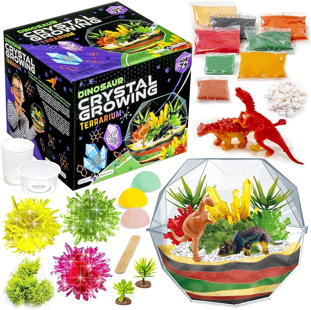Kit de culture en cristal dinosaure de papeterie original - Multicolore, 17-Piece, 7 ans et plus - Bricolage Science Terrarium Kit avec Moss & Dino Figurines - Grow your own Crystals - Cadeaux d'anniversaire pour garçons