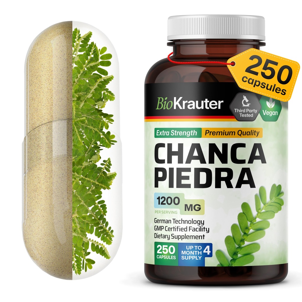 BIO KRAUTER Chanca Piedra Stone Breaker Capsules - 1200 mg Stonebreaker pour le nettoyage du rein - 250 Chanca Piedra para Los Riñones Caps - Suppléments végan Gallbladder