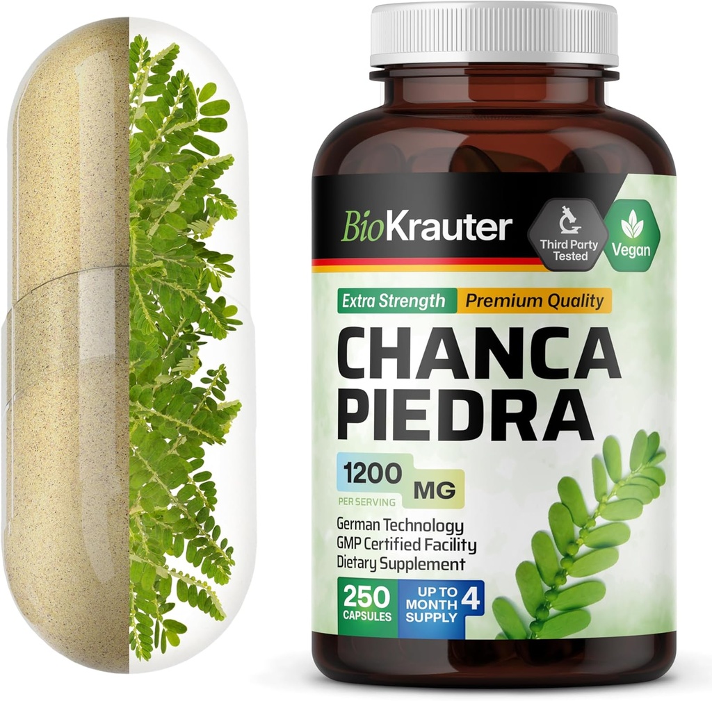 BIO KRAUTER Chanca Piedra Stone Breaker Capsules - 1200 mg Stonebreaker pour le nettoyage du rein - 250 Chanca Piedra para Los Riñones Caps - Suppléments végan Gallbladder