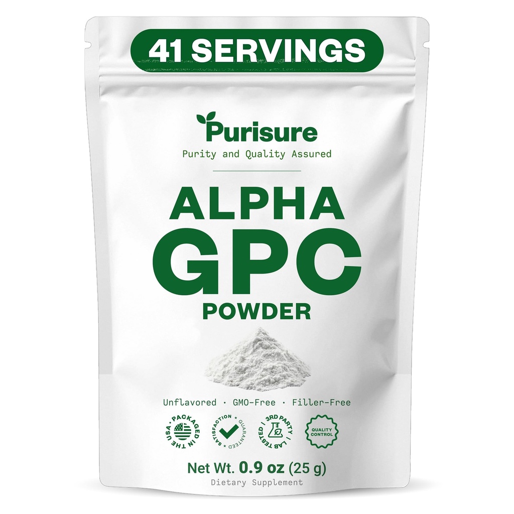 Purisure Alpha GPC Powder, 25 g, Supplément pur Alpha GPC Choline pour le cerveau et le focus, Suppléments CDP Choline pour la performance de mémoire et la concentration, Pas de remplissage, Non-OGM, Offre 42 services
