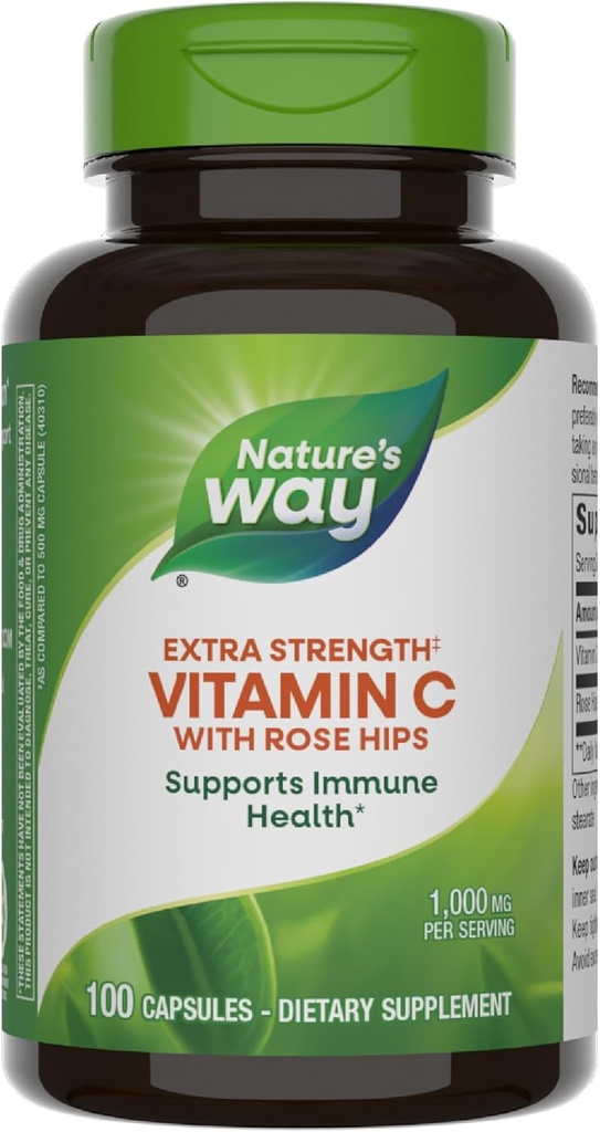 Nature's Way Extra Strength(1) Vitamine C avec Rose HIPS, soutient la santé immunitaire*, la production de collagène*, la vitamine C de haute puissance, 100 capsules (paquetage mai Vary)