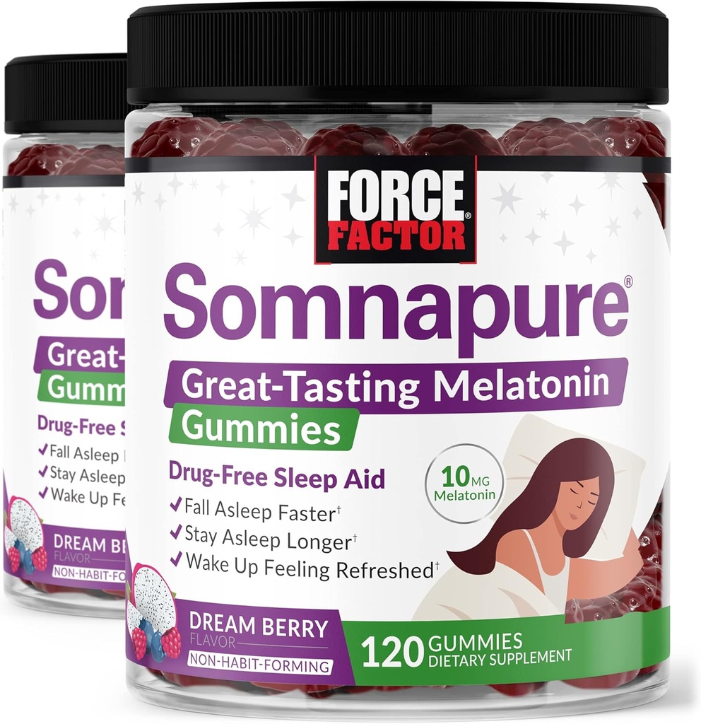 Facteur de force Somnapure Gummies avec la mélatonine, Supplément de soutien de sommeil sans drogue pour les adultes avec l'insomnie occasionnelle, Dream Berry Flavor, 120 comte (paquet de 2)