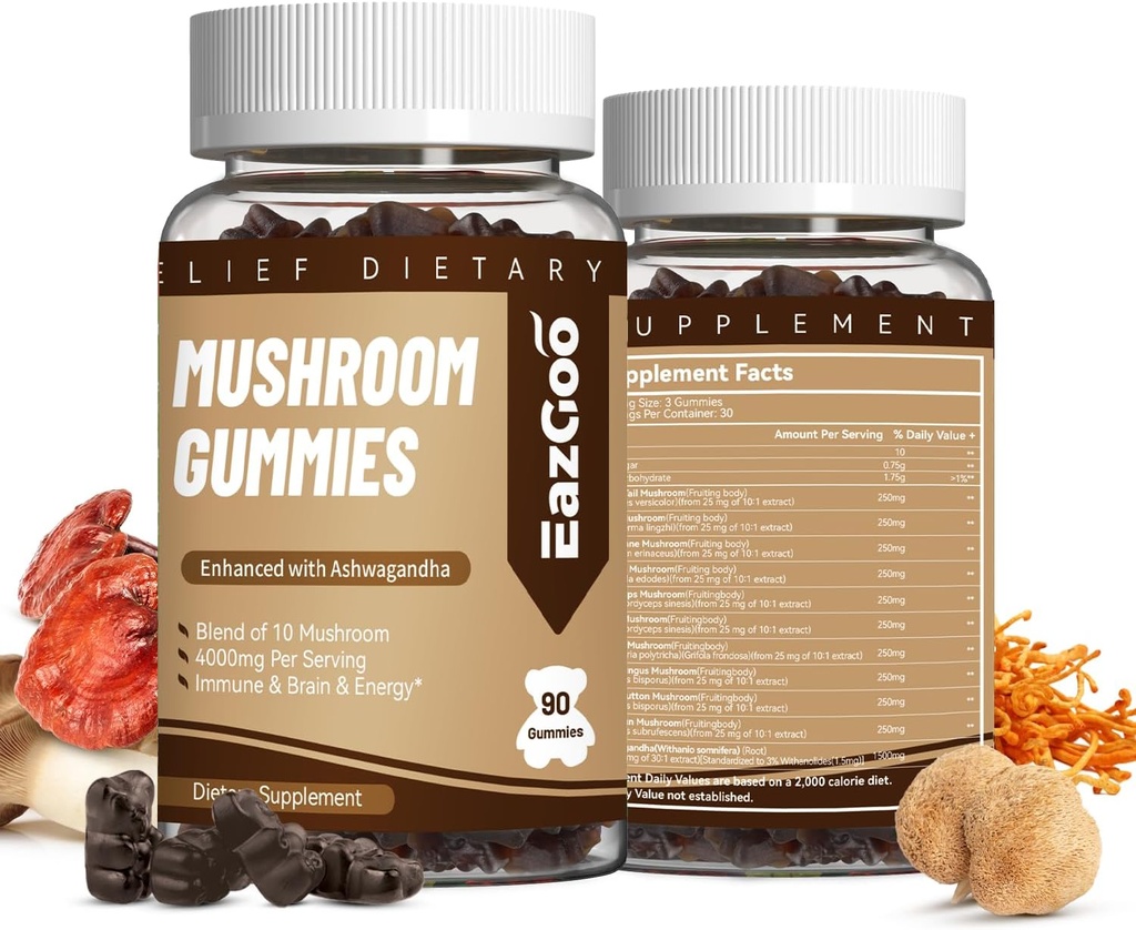 Supplément Gommies de Champignons - avec Ashwagandha, Lions Mane, Shitake Mushrooms, Turkey Tail, Chaga et Cordyceps Champignon pour la santé immunitaire, l'humeur et le stress (180 Gummies)