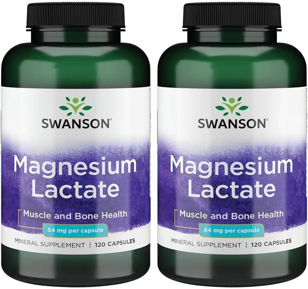 Lactate de magnésium de Swanson - Supplément minéral favorisant le soutien de la santé musculaire et osseuse - Forme minérale de lactate sans lactose pour l'absorption douce - (120 capsules, 84mg chacune) 2 boîtes