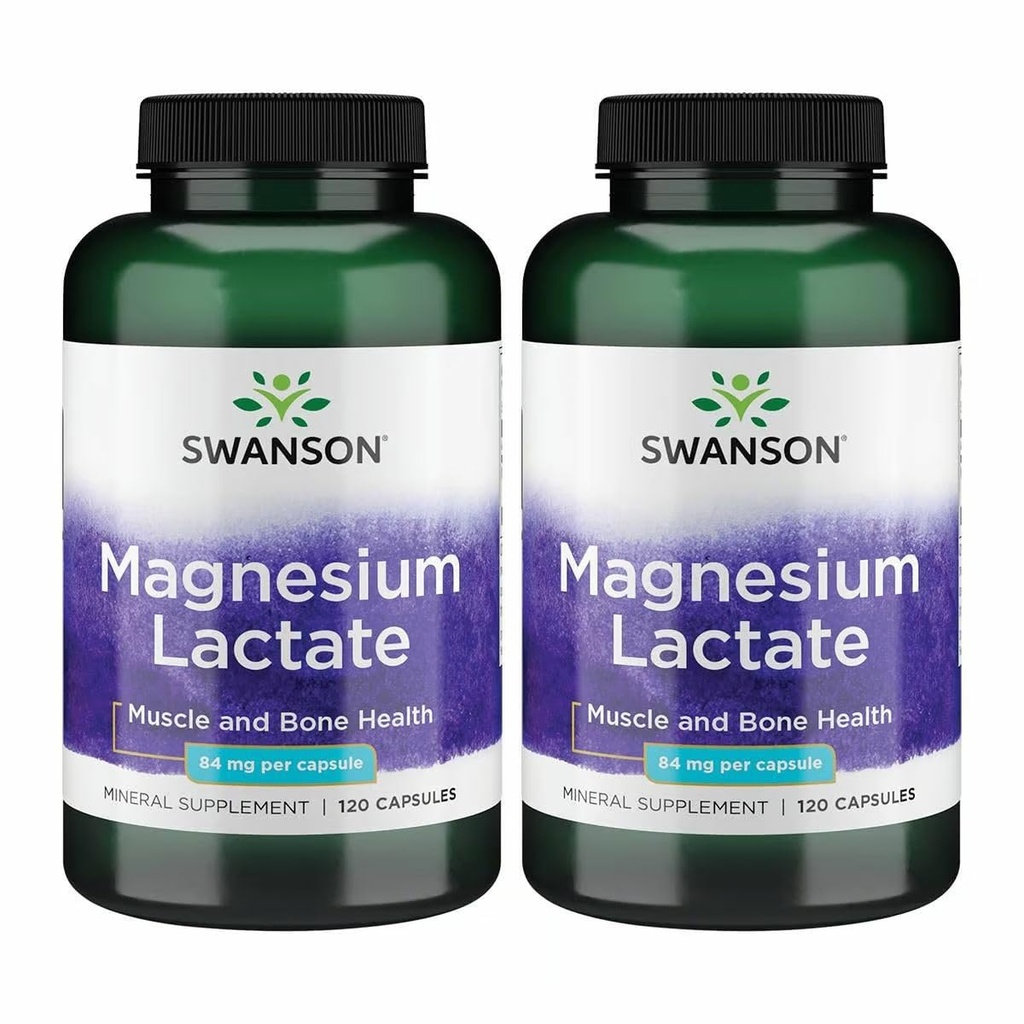 Lactate de magnésium de Swanson - Supplément minéral favorisant le soutien de la santé musculaire et osseuse - Forme minérale de lactate sans lactose pour l'absorption douce - (120 capsules, 84mg chacune) 2 boîtes
