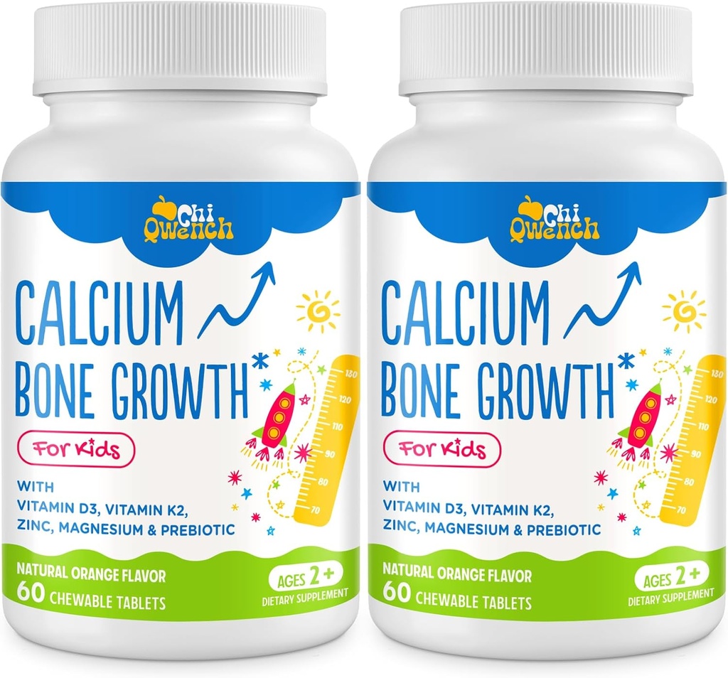 Supplément de calcium 500 MG avec vitamine D3 et K2, zinc, magnésium et prébiotiques. Vitamines pour enfants. Résistance aux os, absorption élevée, cupides orange, sans gluten, 120 onglets