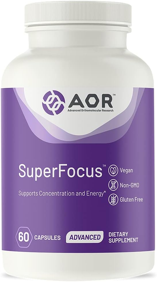 AOR, SuperFocus, soutient la concentration, l'énergie, alerte mentale, calme et détente, complément alimentaire, 60 portions (60 capsules)