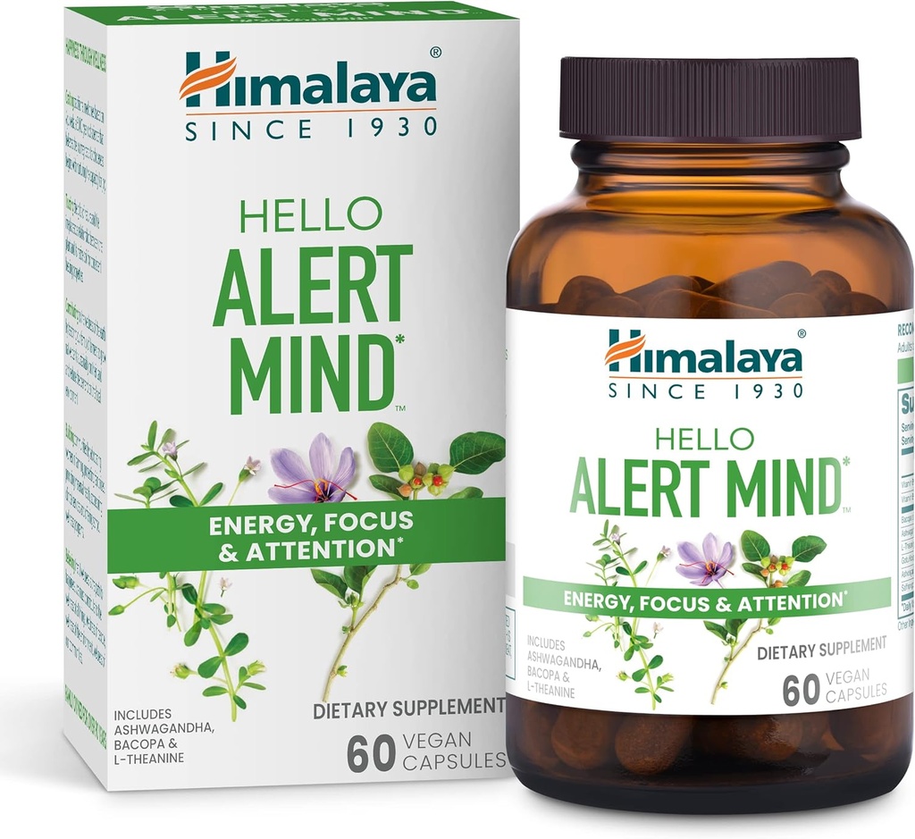 Himalaya Hello Alert Mind avec L-Theanine, Ashwagandha, Bacopa, Vitamine B6 & B12, pour énergie, focus et attention, végétalien, sans gluten, 60 capsules