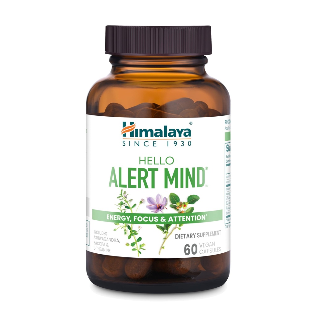 Himalaya Hello Alert Mind avec L-Theanine, Ashwagandha, Bacopa, Vitamine B6 & B12, pour énergie, focus et attention, végétalien, sans gluten, 60 capsules