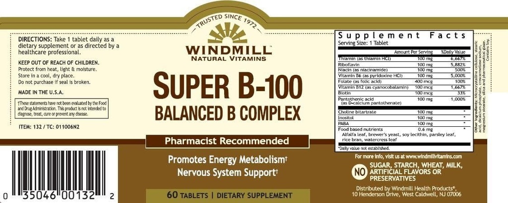 Vitamine B-100 COMPLEX TAB WMILL Taille: 60