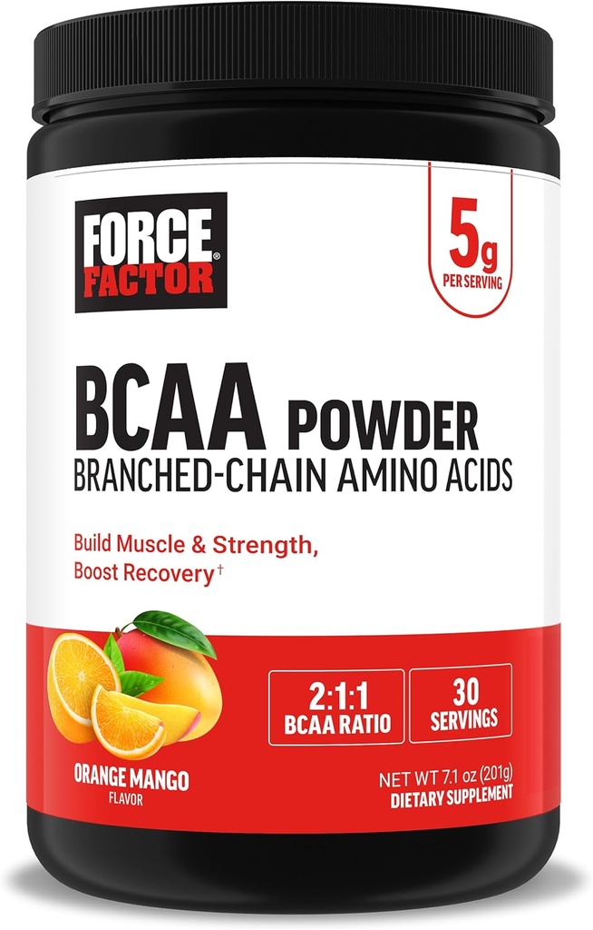 Force Factor BCAA Amino Acids Supplement 2:1:1, Delicious and Refreshing BCAA Powder to Support Muscle Recovery and Performance, No Artificial Colors or Flavors, Orange Mango, 30 Servings
