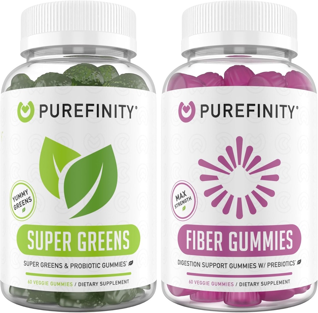 PUREFINITY Fiber + Super Greens Gummies Bundle (Inulin FOS Prebiotic Fiber Gummies + Super Greens Gummies – Daily Supergreens with Spirulina, Alfalfa, Spinach, Broccoli, Beet Root, Acai)