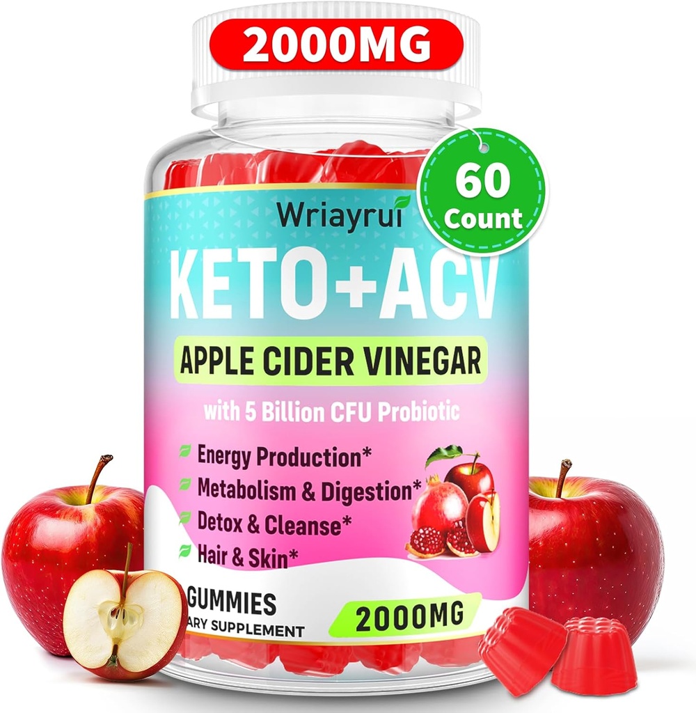 Gommies de vinaigre de cidre de pomme, Gommies de vinaigre de cidre de pomme, Gommes de vinaigre de cidre de cidre de pomme, Max Strength 2000mg, Formulé avec du thé vert, B6 et B12, Probiotiques, vinaigre de cidre de pomme pour le métabolisme, la digestion, la désintoxication et le nettoyage, 60 comtes
