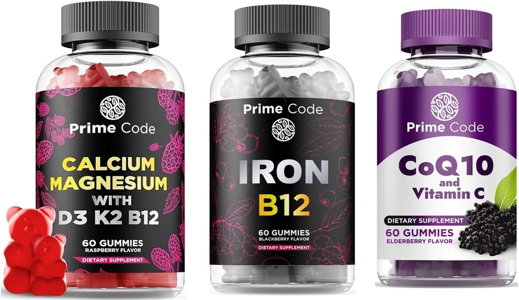 Code Prime Gommies de calcium pour les femmes et les hommes avec la vitamine de magnésium B12 Vitamine K2 & Vitamine D3, Gommies de fer pour les femmes et les hommes, [2 en 1] CoQ10 200mg & Vitamine C
