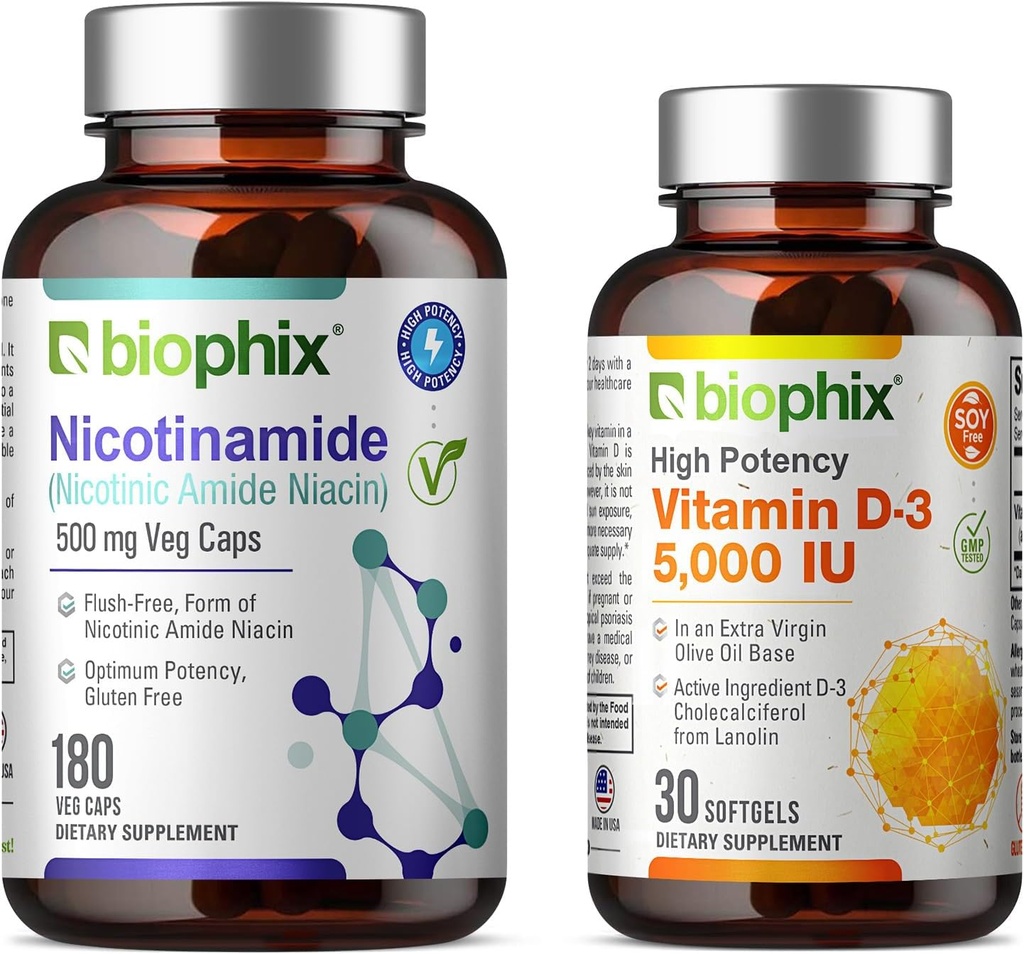 biophix B-3 Nicotinamide 500 mg 180 Vcaps Plus Sans vitamine D-3 5000 UI 30 Softgels - Nicotinique Amide Niacin formule de vitamine naturelle sans flush - soutient la santé des cellules de la peau