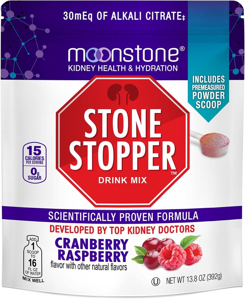 Moonstone Stone Stopper Drink Mix, Cranberry Raspberry, Kidney Stone Prevention, Calcium Oxalate Protector, Developed by Urologists to Improve Hydration and Support Kidney Health, 30 Day Supply