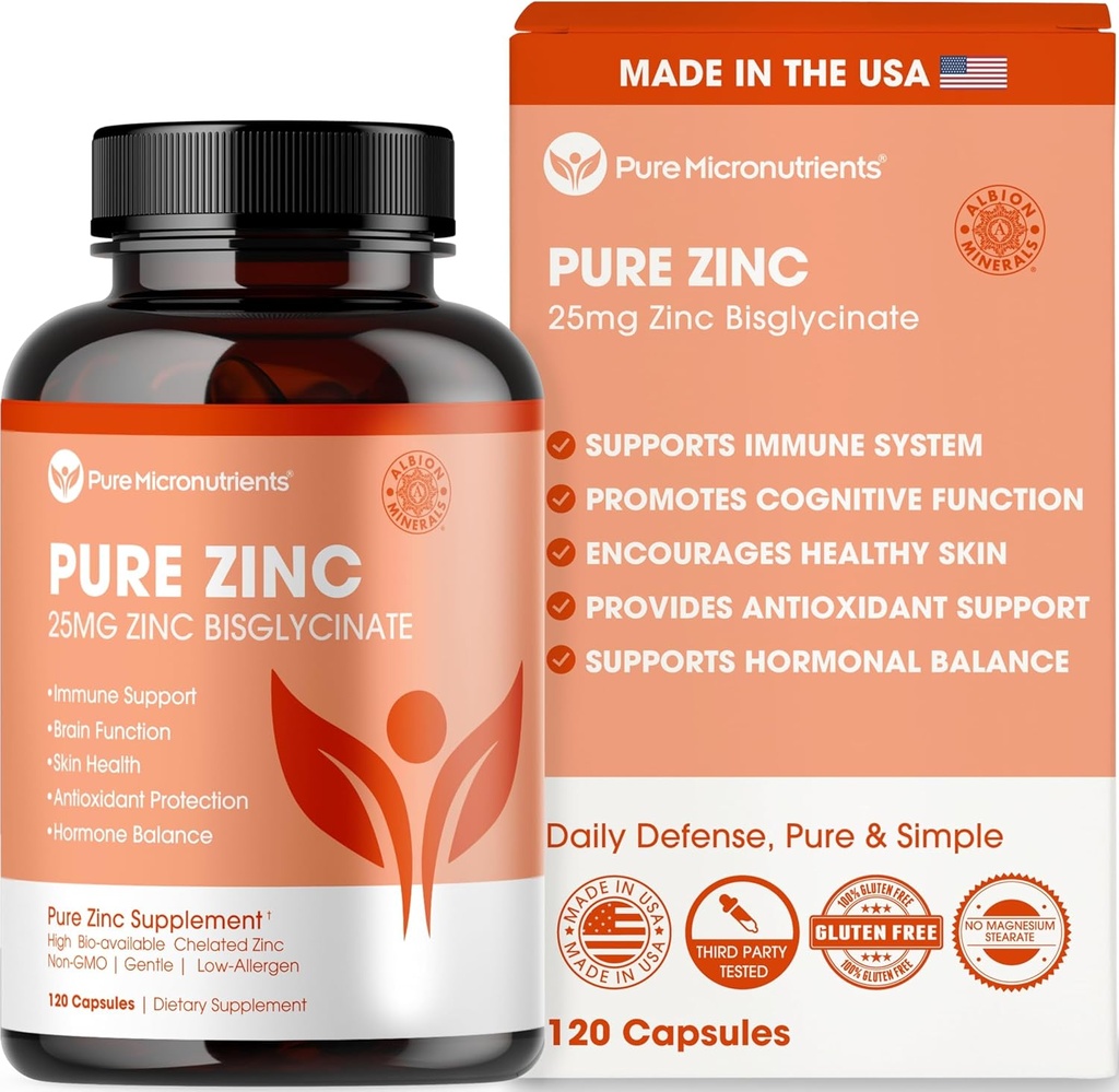 Supplément de Zinc pur 25mg - Tchélate de bisglycinate TRAACS - 120 capsules pour le soutien immunitaire, la santé de la peau et l'énergie - pour les hommes et les femmes