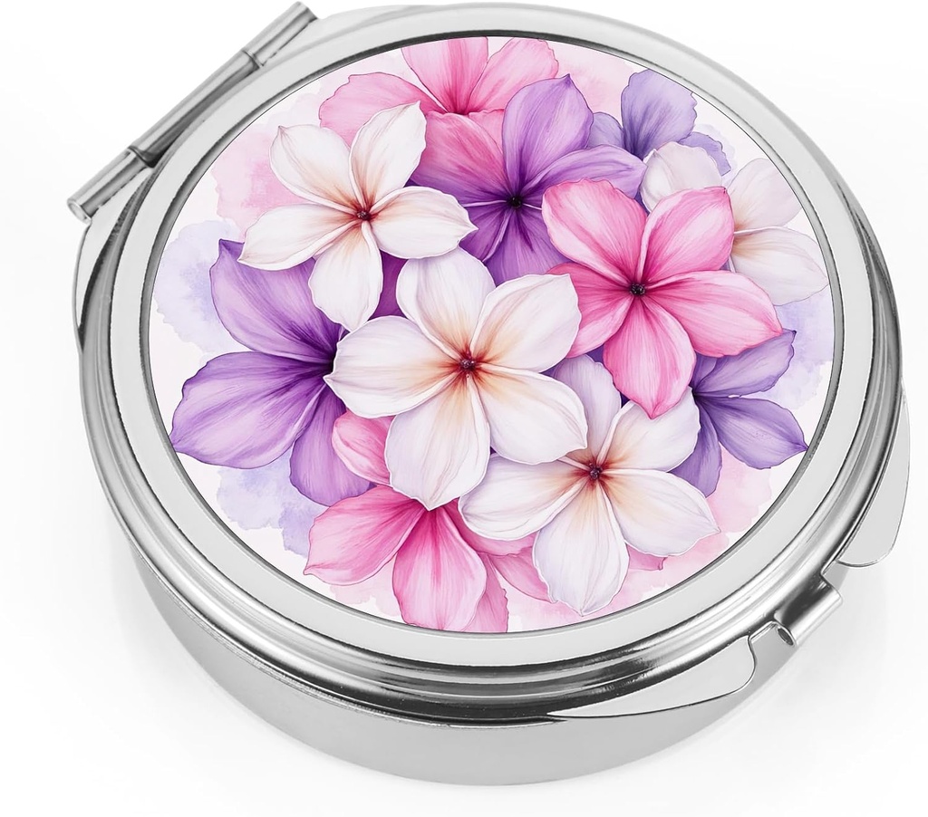 Boîte à pilules Dynippy avec poche miroir 3 compartiment Médicament organisateur de pilules de vitamine pour la chasse à la poche et les voyages (Round, Silver-BloomBurst)