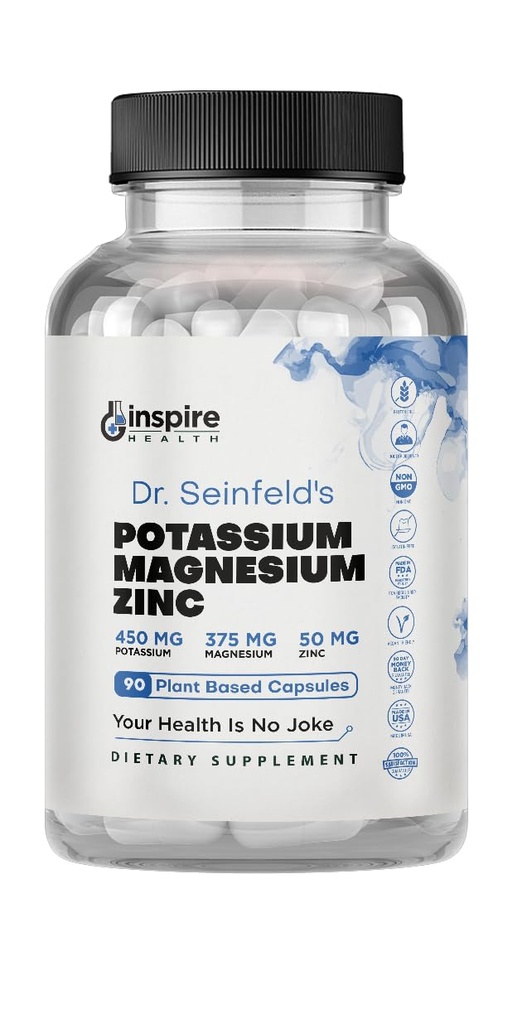 Suppléments de potassium de magnésium avec/Zinc - 90 Capsules - Supplément de potassium de magnésium pour la santé vasculaire – Supplément végétalien à haute absorption pour les crampes des jambes et le sommeil Dr Seinfeld